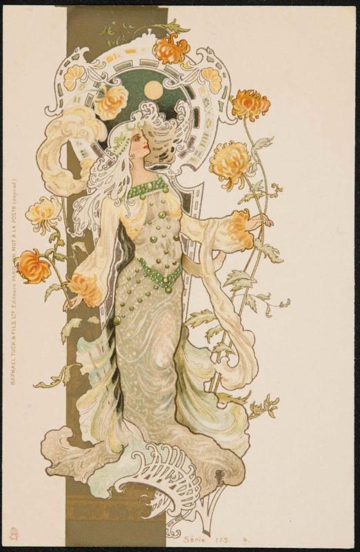 Angelic figure in a flowing dress adorned with floral decoration