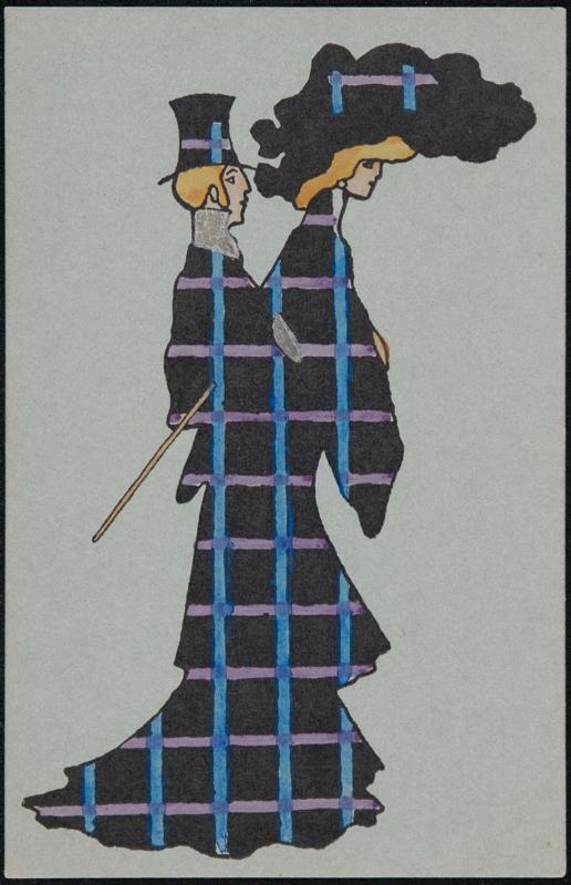 Couple in dark-colored plaid attire