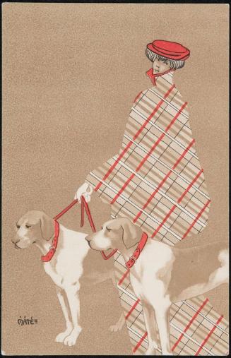 Woman in plaid coat walking dogs