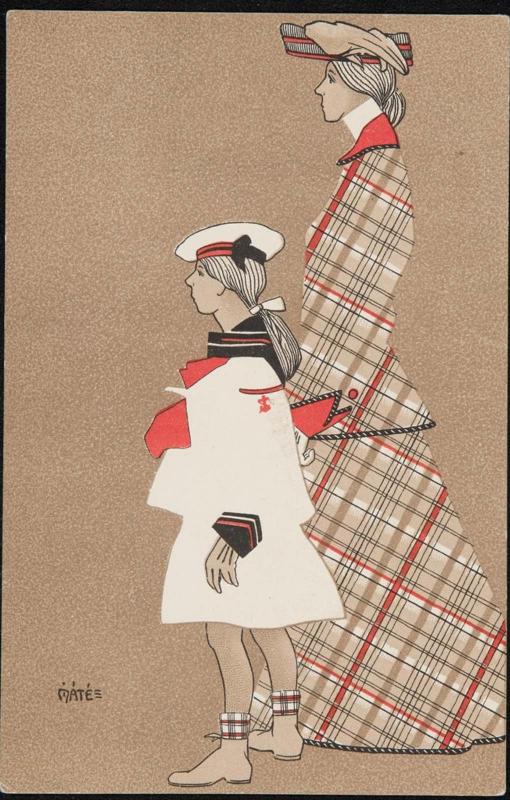 Mother in plaid dress and young girl