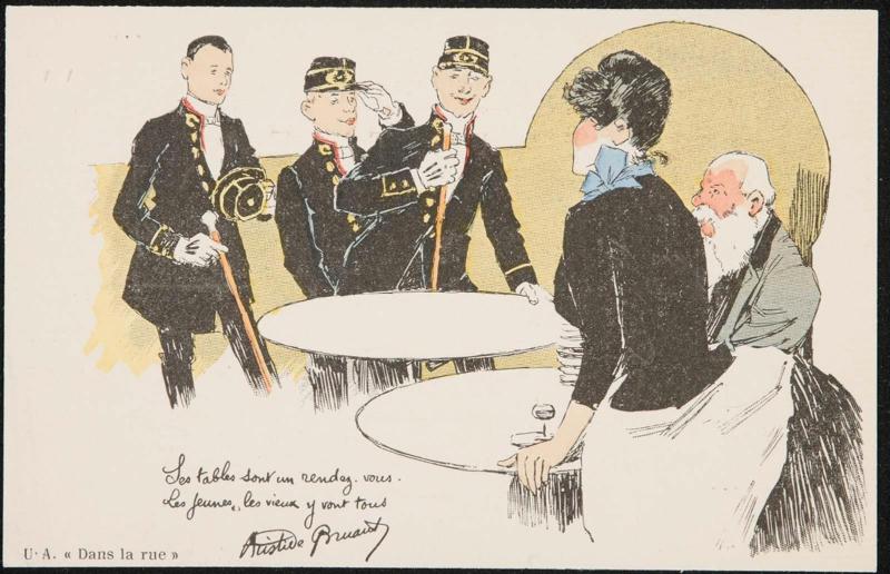 Three officers at a cafe