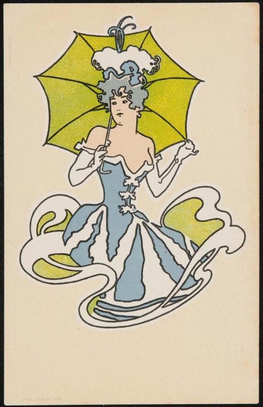 Blue dress with a green parasol