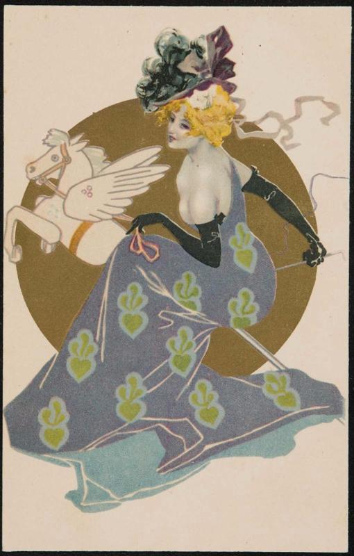 Woman in a printed dress and a toy figure of Pegasus