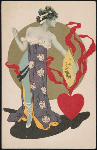 Woman in a printed dress holding a fan