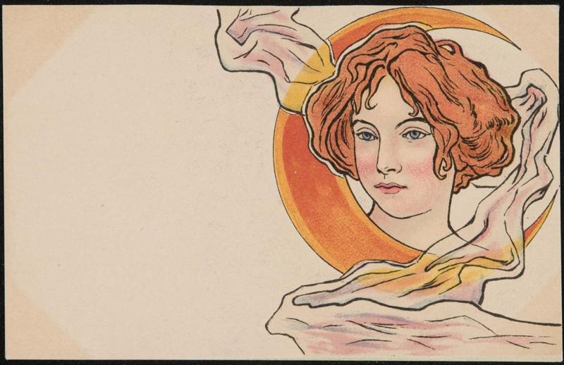 Red-haired woman inside a crescent shape