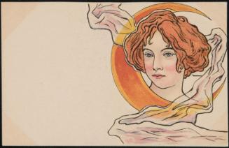 Red-haired woman inside a crescent shape