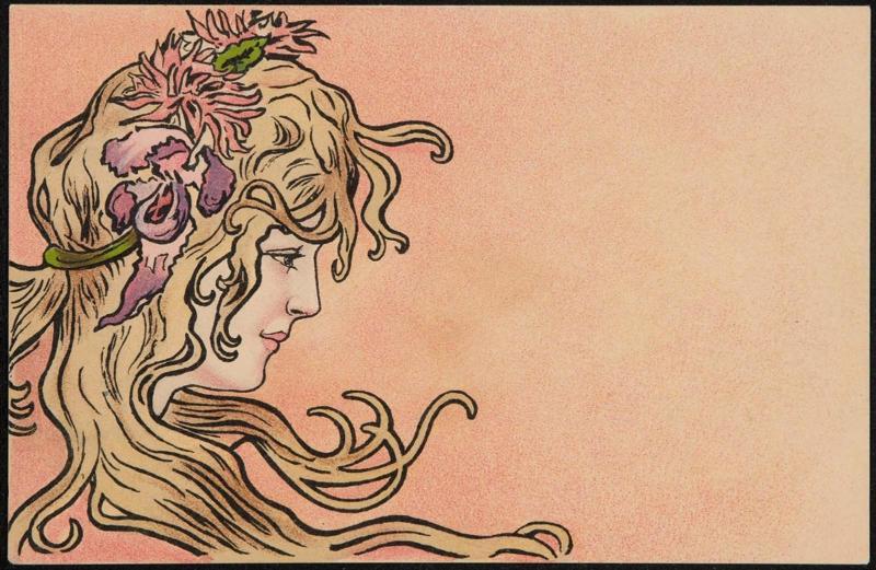 Woman with purple flowers in her long blonde hair