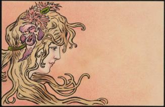 Woman with purple flowers in her long blonde hair