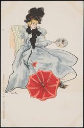 Woman in a fancy blue dress with a red umbrella