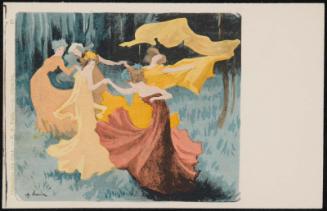 Five women in flowing dresses dancing in the evening