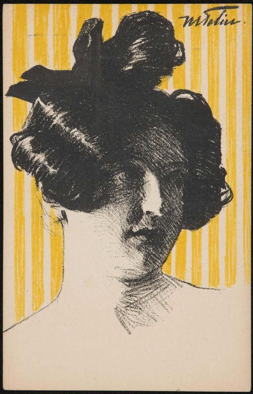Dark-haired woman in front of a yellow and white background