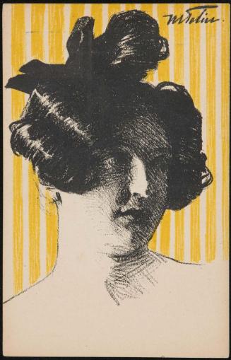 Dark-haired woman in front of a yellow and white background