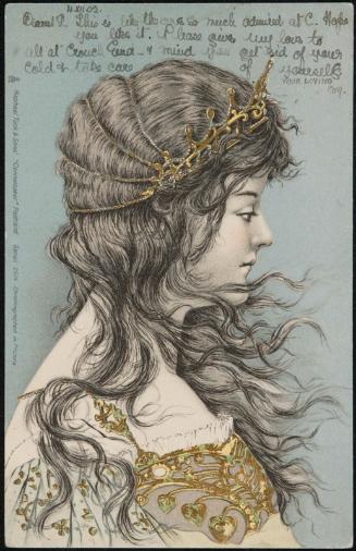 Woman wearing a gold headpiece, in profile
