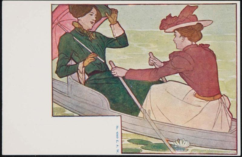 Two women in a row boat