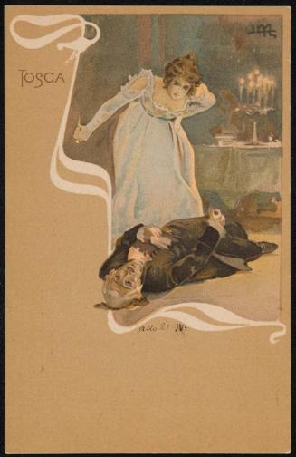Atto 2o; Tosca with knife after stabbing Scarpia