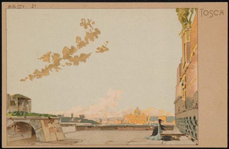 Atto 3o; Tosca and the dead Cavaradossi alone on top of the Castel Sant'Angelo