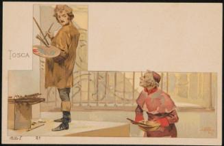 Atto 1; Cavaradossi painting while the sacristan looks on