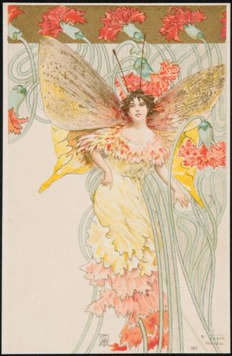 Woman depicted as a butterfly with carnation flowers
