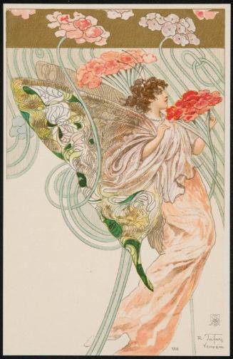 Woman depicted as a butterfly with poppy flowers