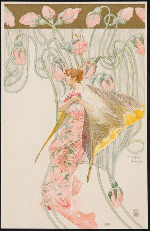 Woman depicted as a butterfly with pink flowers
