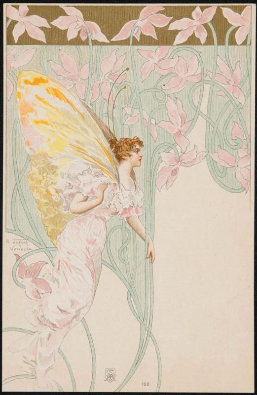 Woman depicted as a butterfly with pink flowers