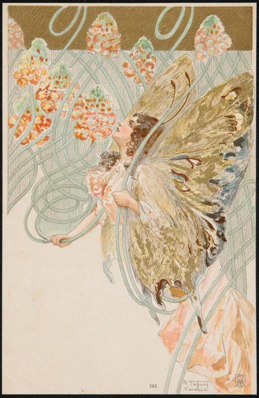 Woman depicted as a butterfly with orange flowers