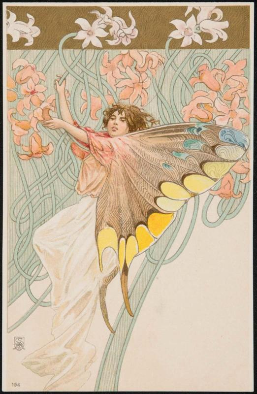 Woman depicted as a butterfly with pink and purple flowers