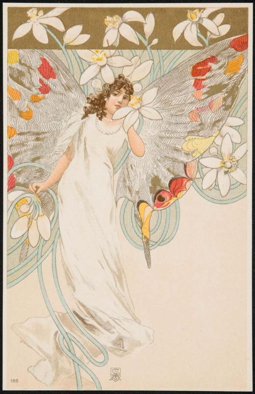 Woman depicted as a butterfly with daffodils