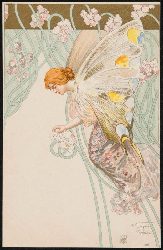 Woman depicted as a butterfly with pink flowers