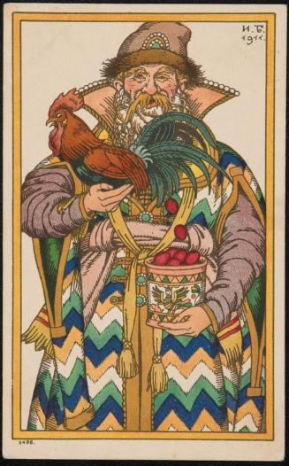 Old man with an egg laying chicken