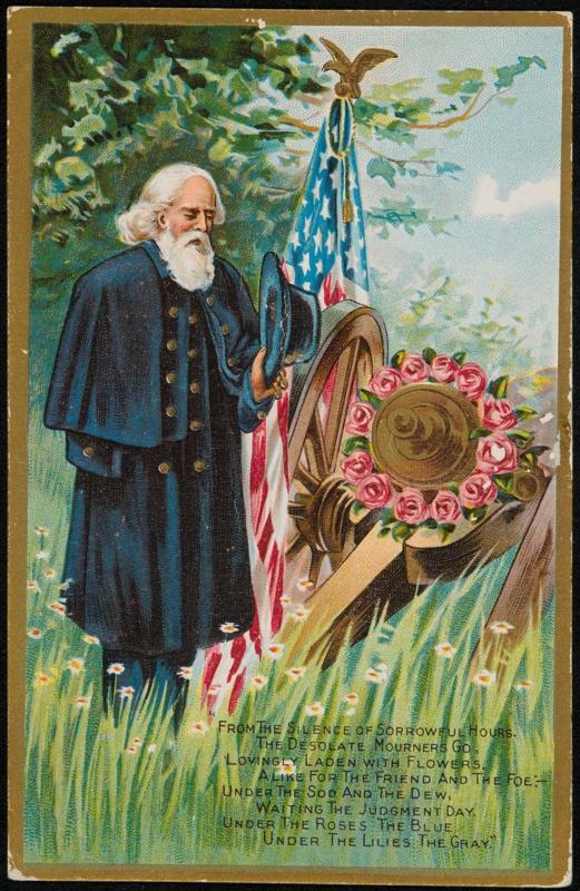 "From the silence of sorrowful hours, the desolate mourners go, lovingly laden with flowers, alike for the friend and the foe. Under the sod and the dew, waiting the judgement day, under the roses the blue, under the lilies the gray."