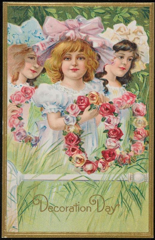 Three girls holding rose wreaths