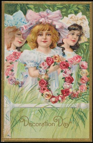 Three girls holding rose wreaths