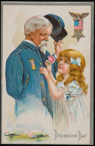Girl pinning a rose on a soldier's jacket