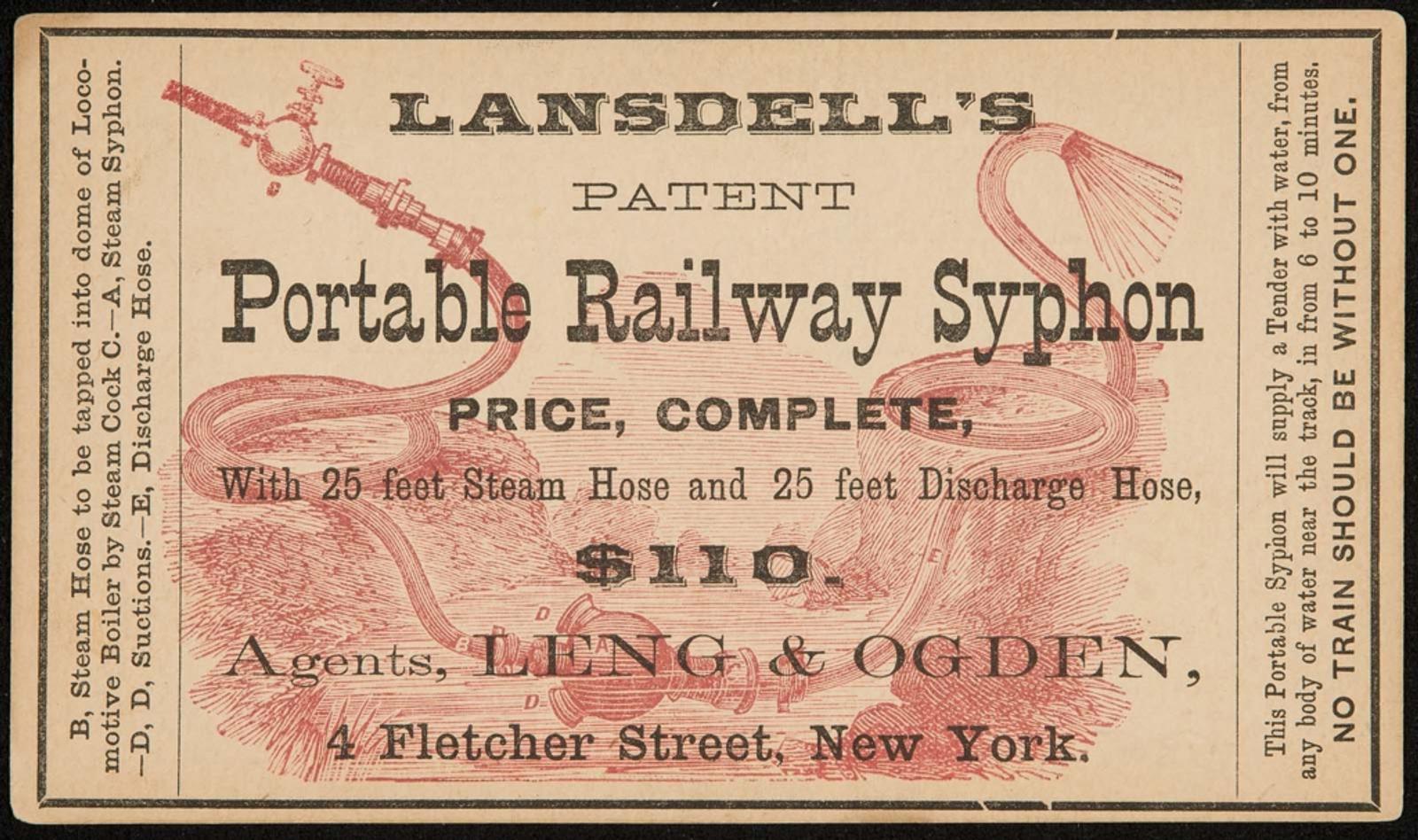 Advertisement for Lansdell's Patent Portable Railway Syphon