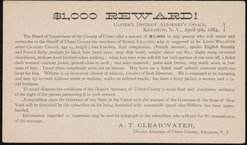 $1,000 Reward for the murderer of Edwin Kelland
