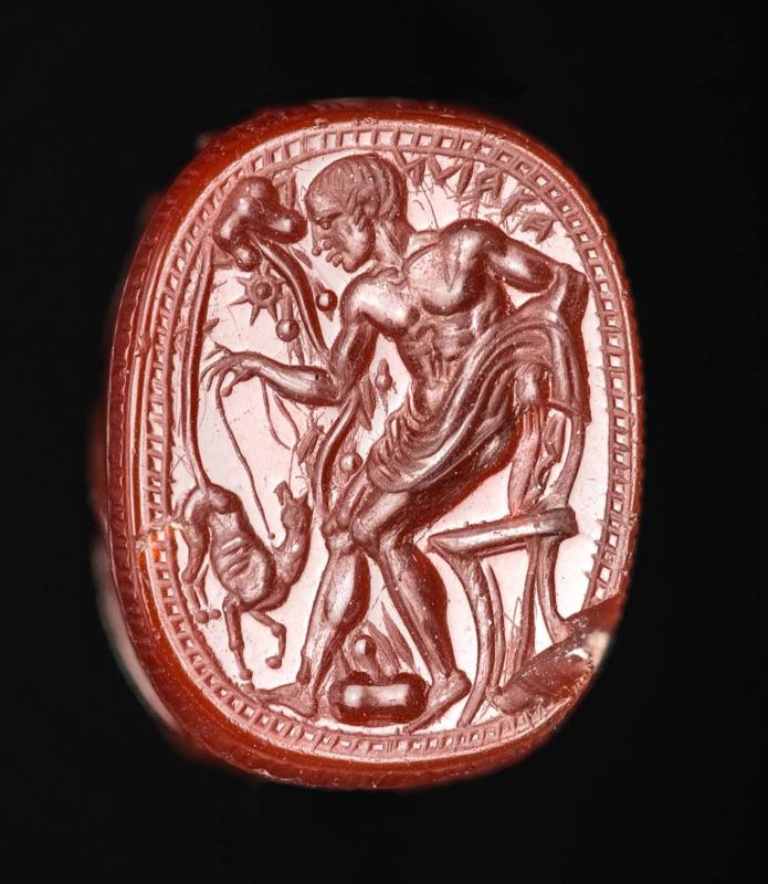 Scarab with Aktaion and a dog by a fountain