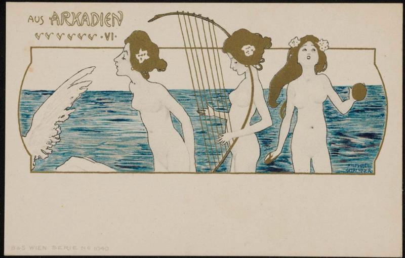 Three sirens singing and playing a harp in the water, from the series From Arcadia