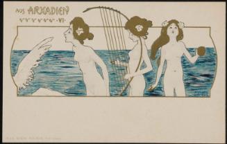 Three sirens singing and playing a harp in the water, from the series From Arcadia
