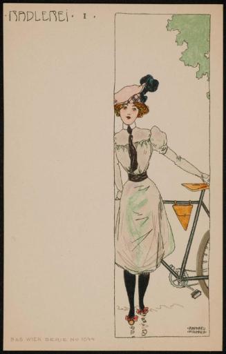 Woman standing next to her bike, from the series Radlerei