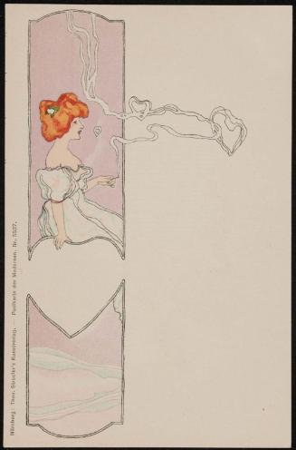 Woman sitting on a big heart and blowing smoke hearts, from the series Heart Lady