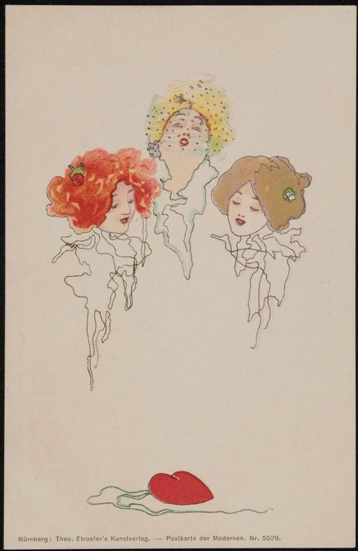 Three women looking at a small heart, from the series Heart Lady