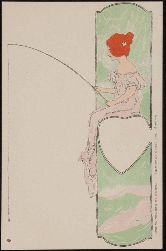 Woman sitting on a big heart with a fishing pole, from the series Heart Lady