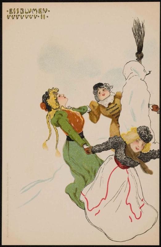 Three women building a snow man, from the series Ice Flowers