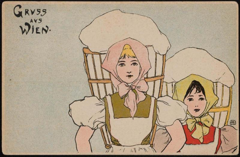 Two girls with scarves carrying baskets, from the series Viennese Types
