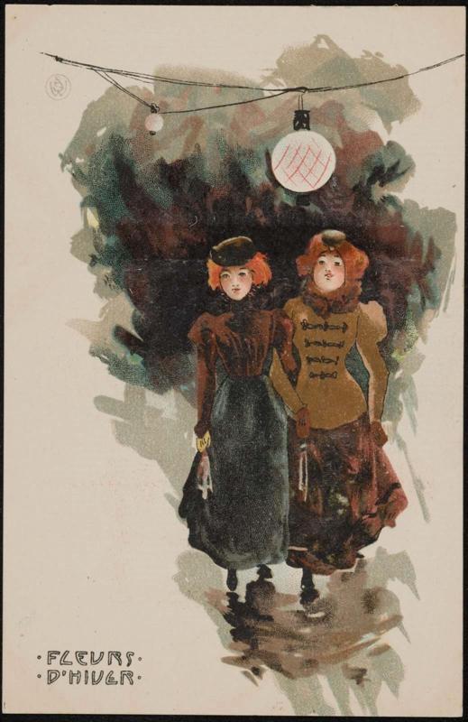 Two women ice skating at night under lights , from the series Ice Flowers