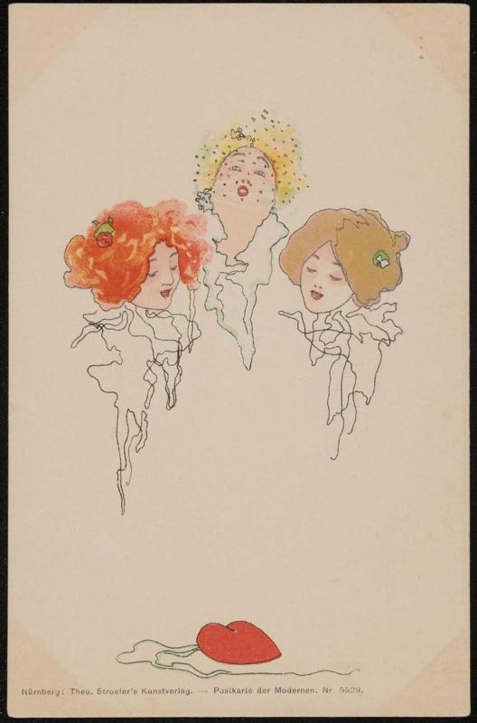 Three women looking at a small heart, from the series Coeur Dame