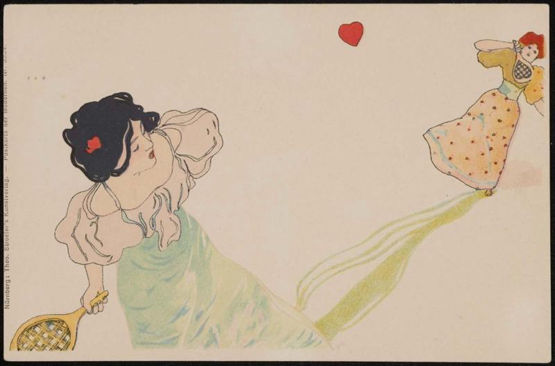 Two women playing tennis with hearts, from the series Coeur Dame