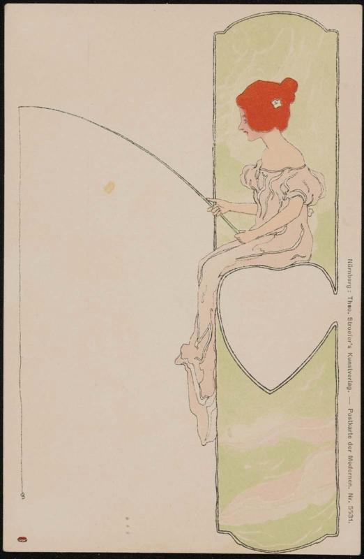 Woman sitting on a big heart with a fishing pole, from the series Coeur Dame