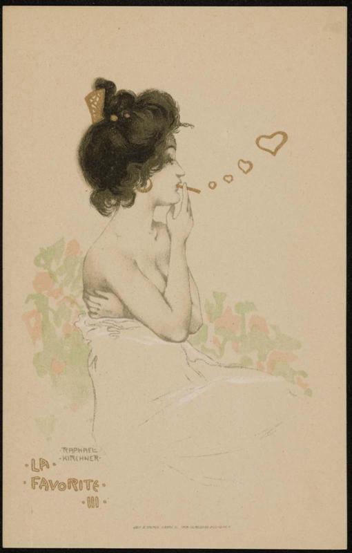 Woman in profile smoking and blowing heart-shaped smoke puffs, from the series The Favorite